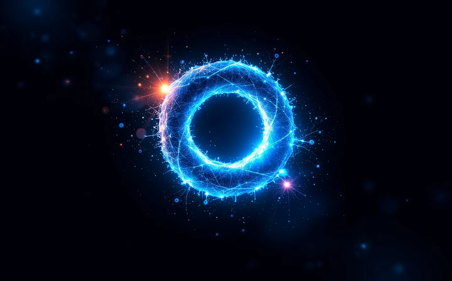 Bold editorial schematic of an abstract NAD+ dinucleotide coenzyme — a nicotinamide ring node linked through a bridge to an adenine ring node as two linked azure nodes, with a faint azure underscore, on a deep ink-navy ground